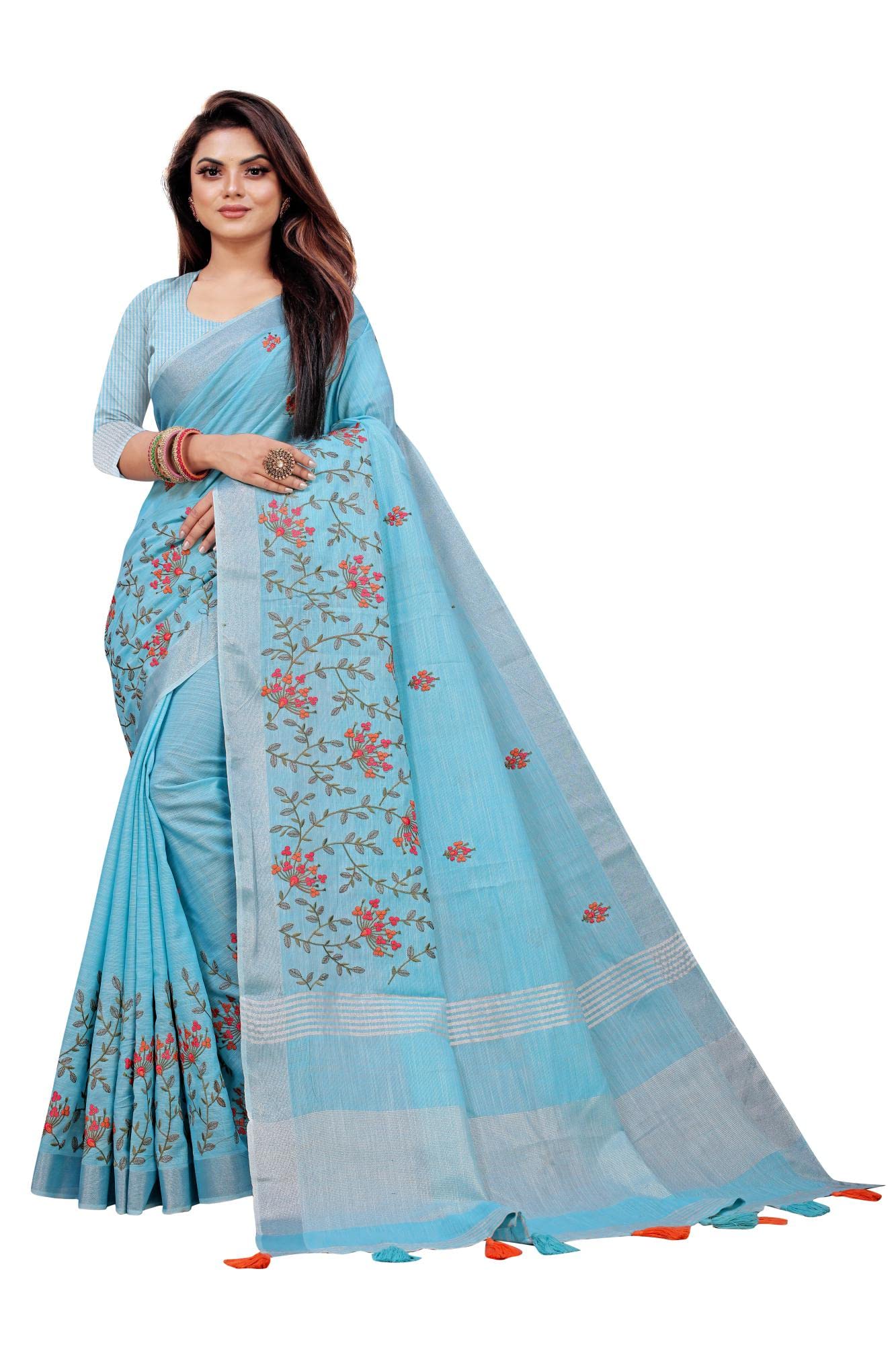 alagini Women's Linen Cotton Woven Embroidery Traditional Saree-picture-31