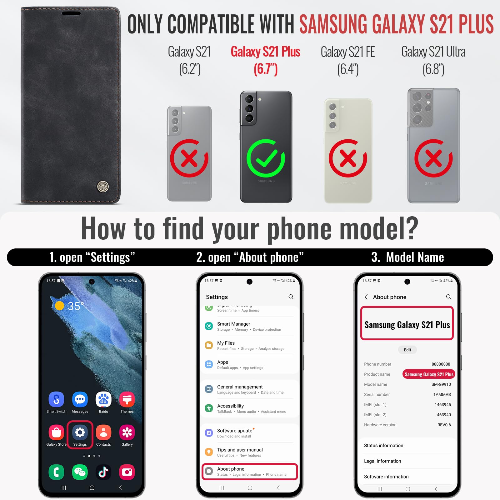 Samokor Cover per Samsung Galaxy S21 Plus 5G Pelle Flip Custodia Cavalletto Portafoglio Magnetica Carta Fessura Antiurto per Samsung Galaxy S21 Plus,Nero