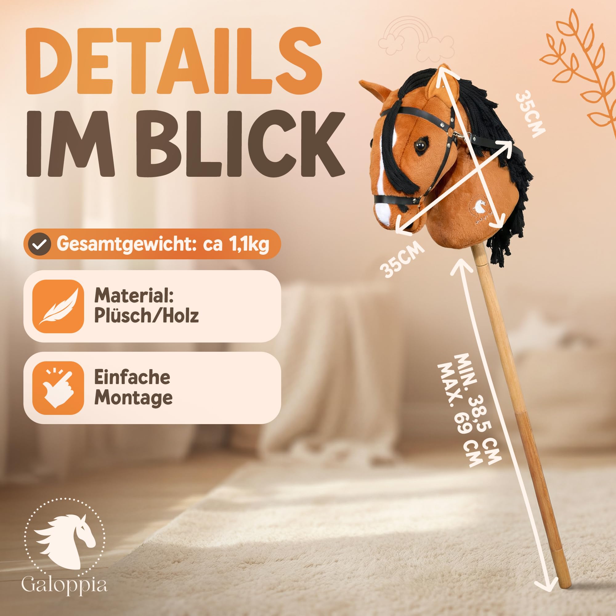 Hobby Horse mit anpassbaren Holzstangen, Steckenpferd Braun, Hobby Horse Pferde für Reitspass, Steckenpferde Kinder, Stockpferd, Stockpferd für Kinder,
