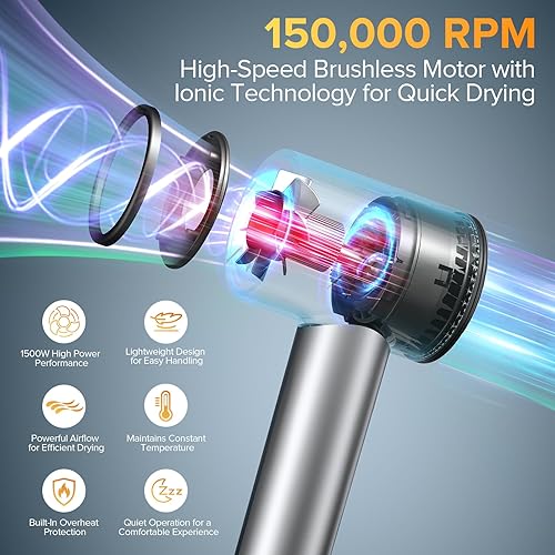 Miniatura 2 de Secador de pelo, motor sin escobillas de 150,000 RPM, secado ultrarrápido con 3 ajustes de calor y luces LED, tecnología de iones negativos,