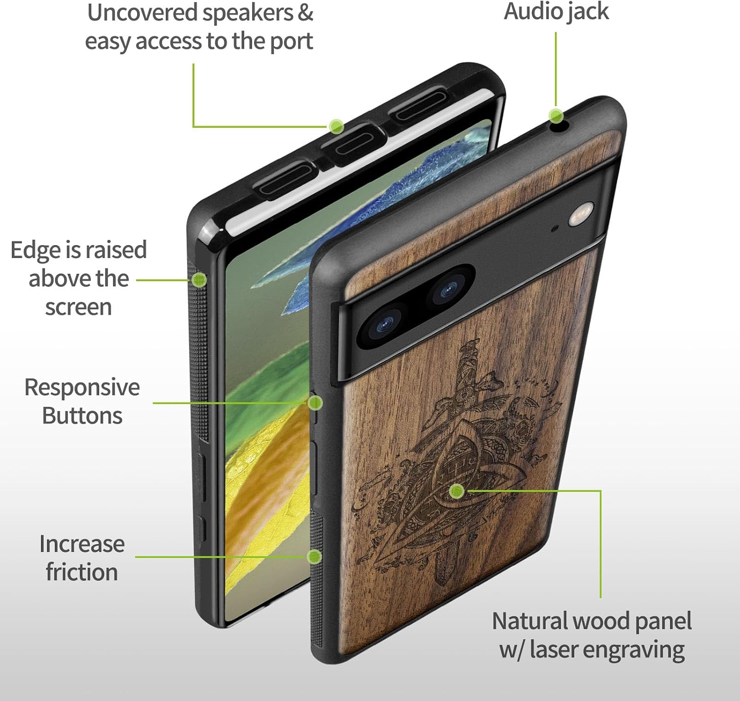 Carveit Wood Case for Pixel 7a Case [Natural Wood & Black Soft TPU] Shockproof Protective Cover Unique Wooden Phone Case Compatible with Google Pixel 7a (Norse Emblems-Walnut)