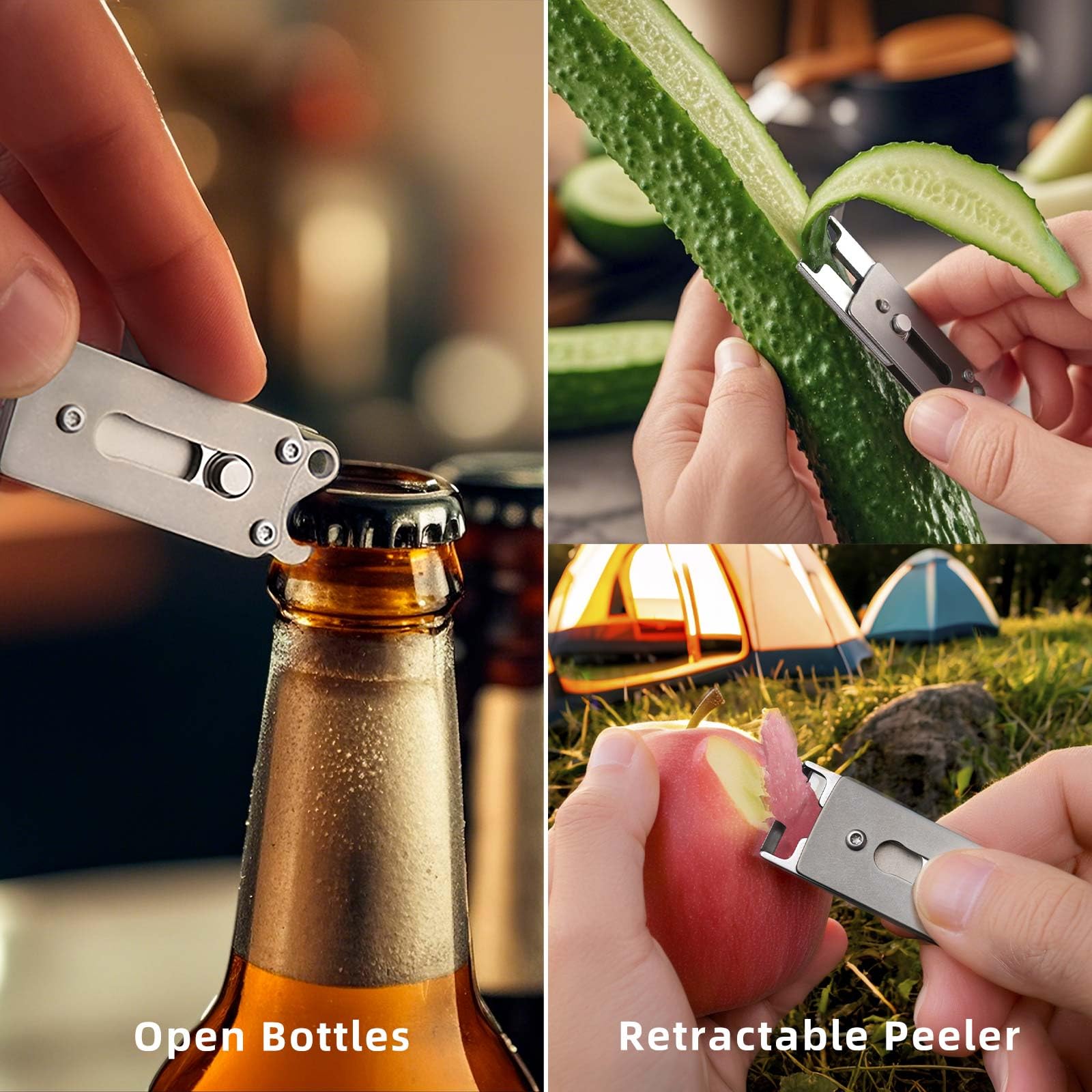 TIKIDESIGN Stainless Steel Apple Peeler with Titanium Bottle Opener for Keychain, Retractable Fruit Peeler for Everyday Carry, EDC Pocket Multitool Keychain Accessory for Camping Hiking and Outdoor