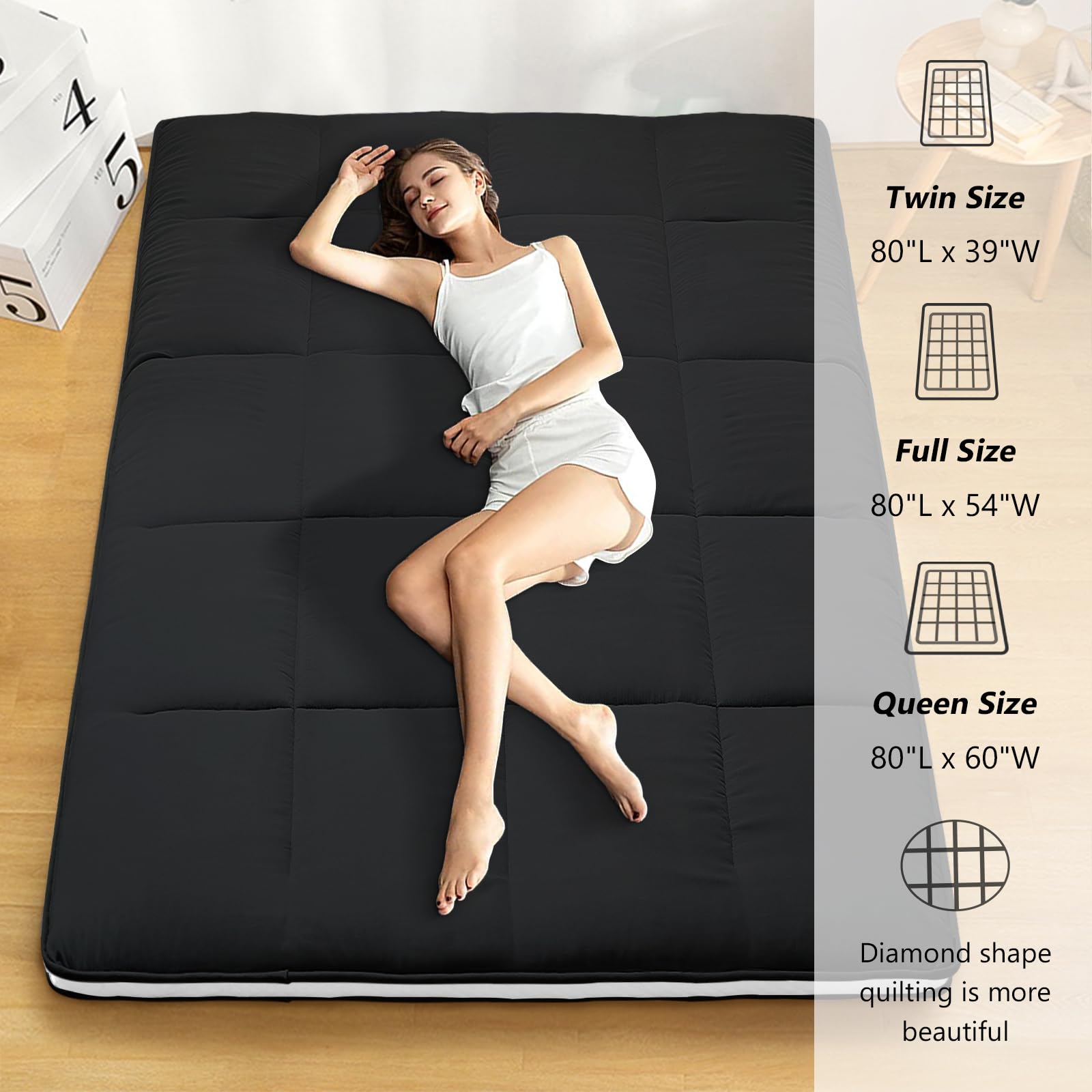 Ytaoeo Matelas futon 140 x 200 cm, matelas pliable japonais de 10 cm d'épaisseur, matelas respirant au sol, lit d'invité pour canapé de camping (Noir)