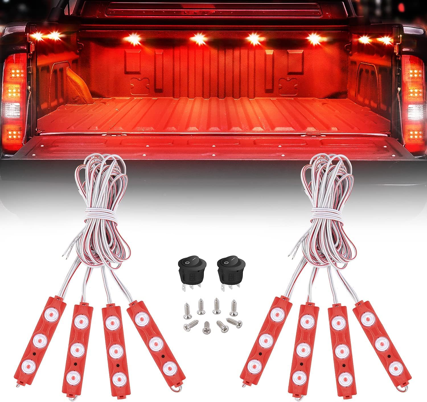 Nilight 8PCS 24LED Truck Pickup Bed Rock Light Kit Cargo Lighting Red