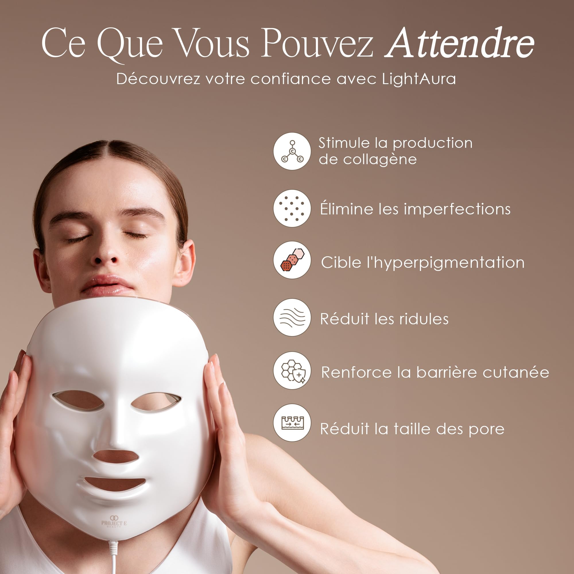 Masque de visage Luminothérapie 7 couleurs par Project E Beauty | Routine de Soins du Visage Anti-âge |Raffermissement de la Peau | Calmer l'Inflammation et la Peau Sensible |