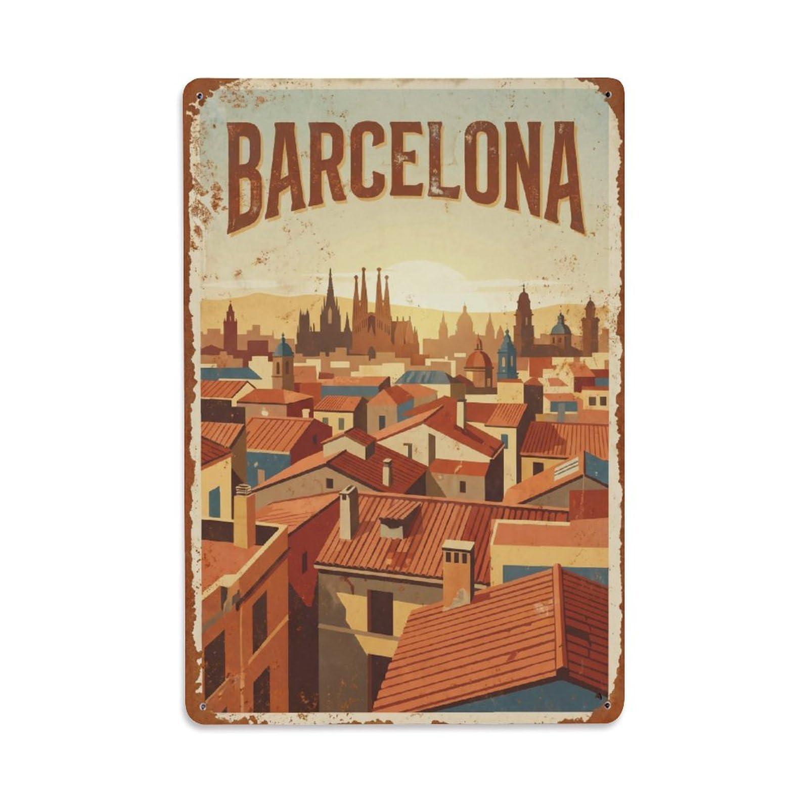 Okngb Style Terracotta Rooftops Catalonia Barcelona Classic Tourism Metal Tin Sign Plaque Wall Decor For Cafe, Man Cave, Club Bar, Office, Home Garden Round Metal Poster 8X12inch