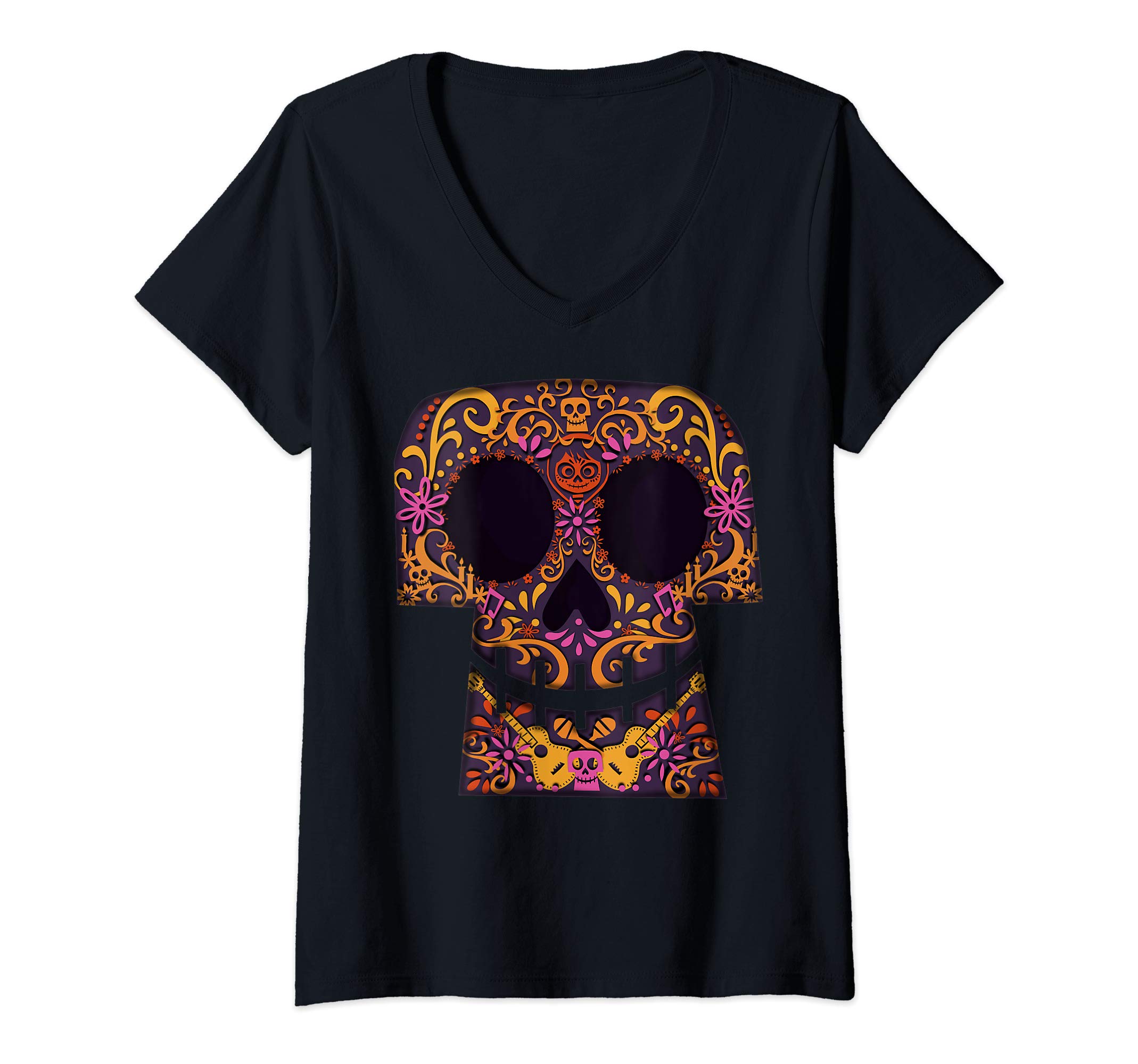 Womens Disney Pixar  Coco  Collage Skull Halloween V-Neck T-Shirt