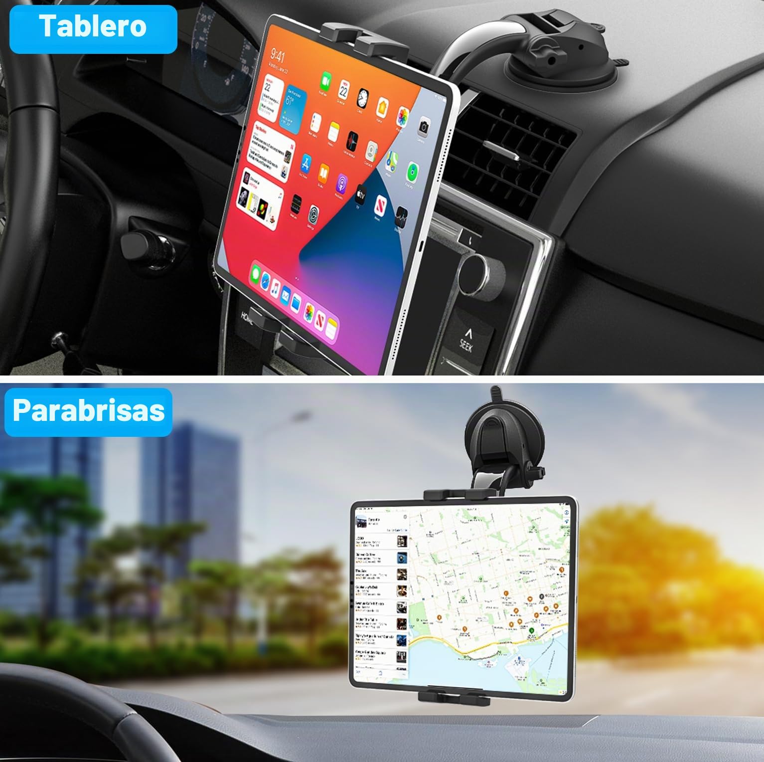 Soporte Tablet Coche Salpicadero con Ventosa Brazo Ajustable | Soporte Móvil y Tablet Parabrisas para iPad Pro 12.9, 11, 9.7 / Air Mini, Galaxy Tabs, iPhone, Teléfonos y Tabletas de 4-13"