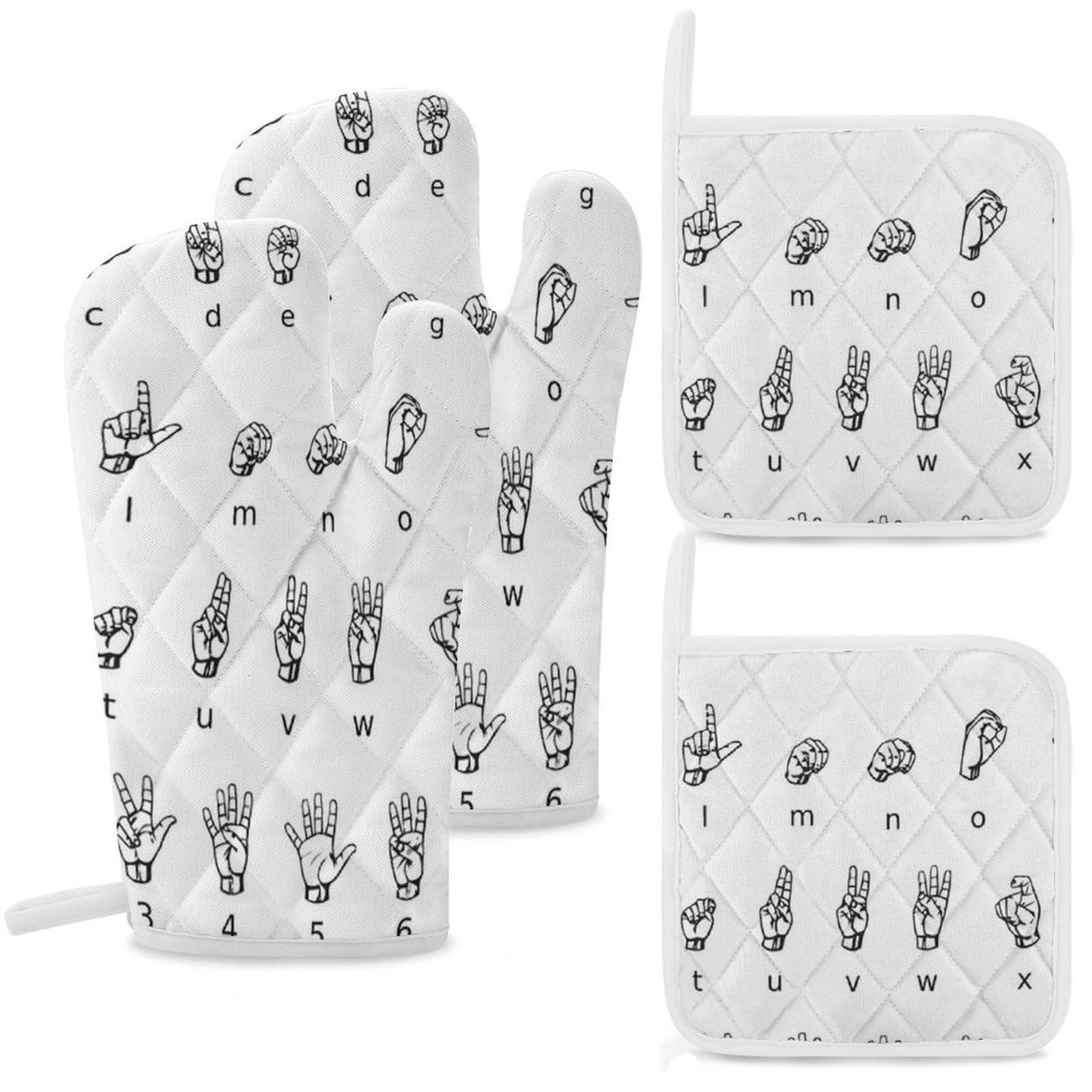 Sign Language Alphabet Oven Mitts and Pot Holders Sets Heat Resistant Oven Glove with Hanging Loop for Baking Cooking BBQ Thicken Potholders for Kitchen