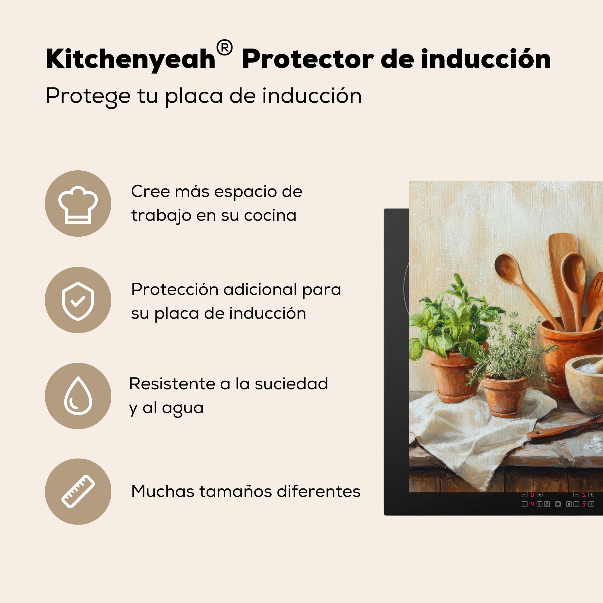 KitchenYeah© Protector Vitroceramica 60x52 cm Tapa para induccion Placa Encimera Cubre de Protectora Cocina Macetas - Hierbas - Madera