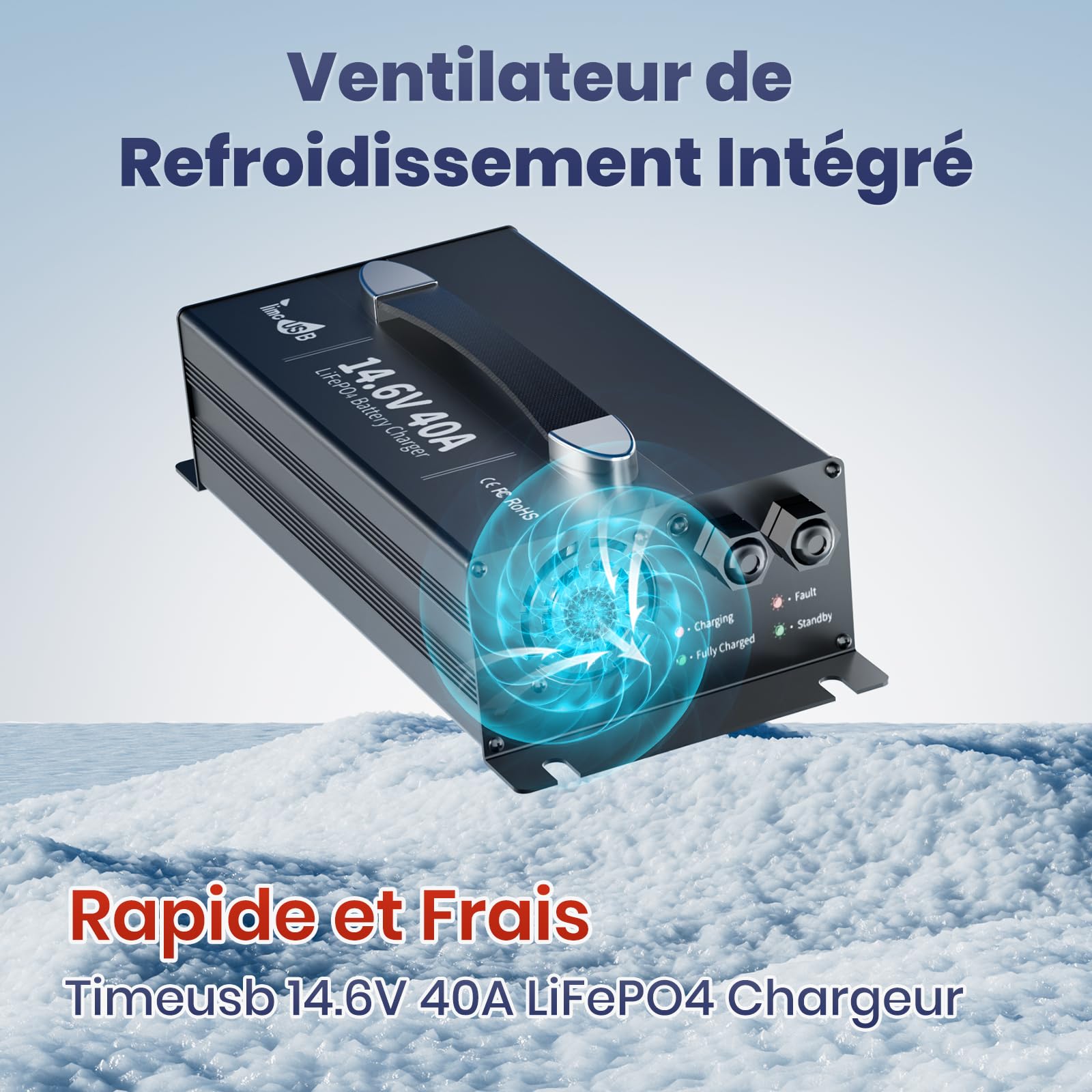 Timeusb Chargeur LiFePO4 14,6V 40A avec Prise Anderson pour Batterie 12V | Chargeur de Batterie Lithium 40A à Chargement Rapide avec Indicateur LED,Intelligent AC-DC