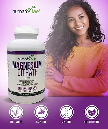 Miniatura 6 de Premium Magnesium Citrate 400mg by Human Vitae - 200 Capsules, Non-GMO, Gluten-Free, Relax Muscles, Support Bone Health