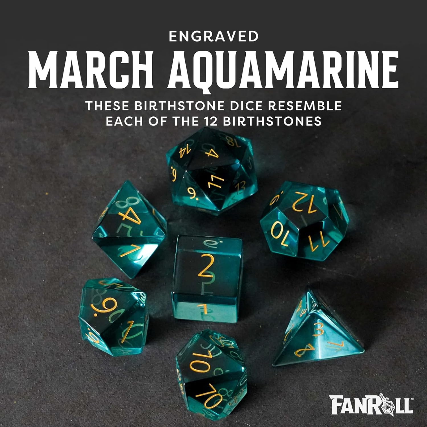 FanRoll 16mm Birthstone Stone Poly DND Dice Set: Engraved March Aquamarine, Role Playing Game Dice for Dungeons and Dragons