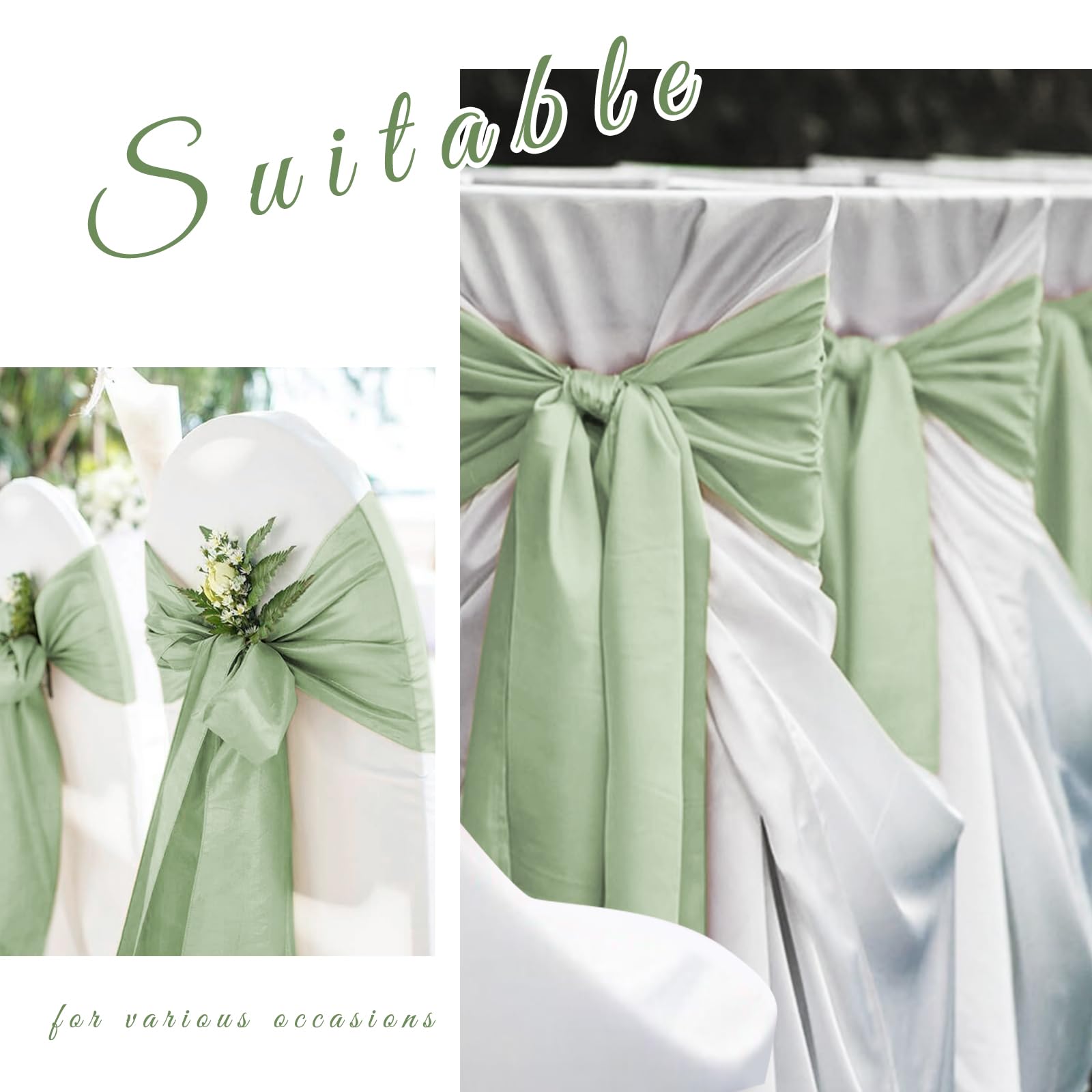 Teruntrue 60 Lazos de satén para sillas, Fundas universales para sillas, Color Verde Salvia, para Bodas, Banquetes, Fiestas, Eventos de Hotel, decoración de sillas (17 x 204 cm)