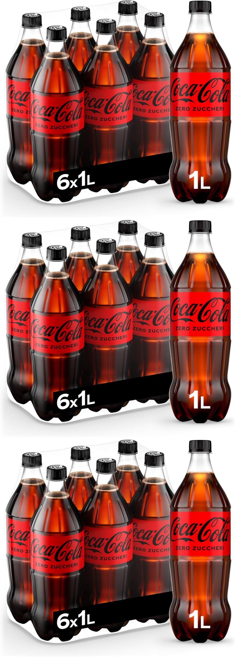 Coca-Cola Zero Zuccheri – 6 Bottiglie da 1 L, Tutto il Gusto della Formula Coca-Cola Senza Calorie, in bottiglia PET 100% Riciclabile, Bevanda Analcolica con Edulcoranti (Confezione da 3)