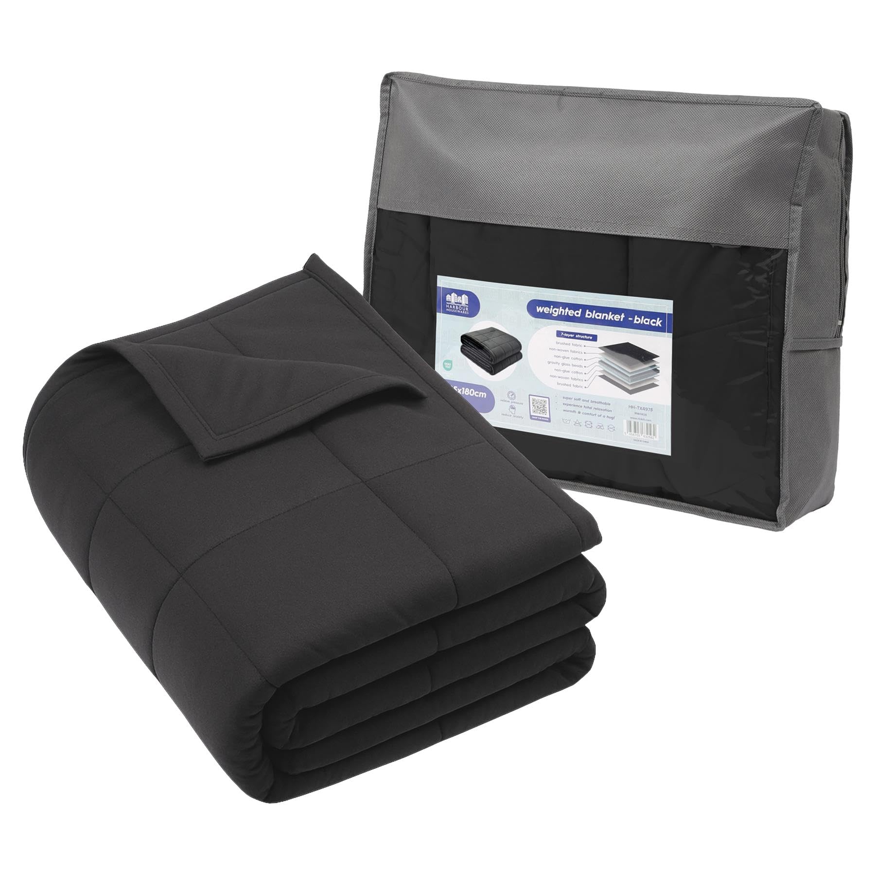 Harbour Housewares Weighted Blanket 6kg with Storage Bag – 125x180cm Black Weight Blanket for Anxiety, Stress Relief & Deep Sleep – Soft Fabric Calming Throw with Glass Bead Filling