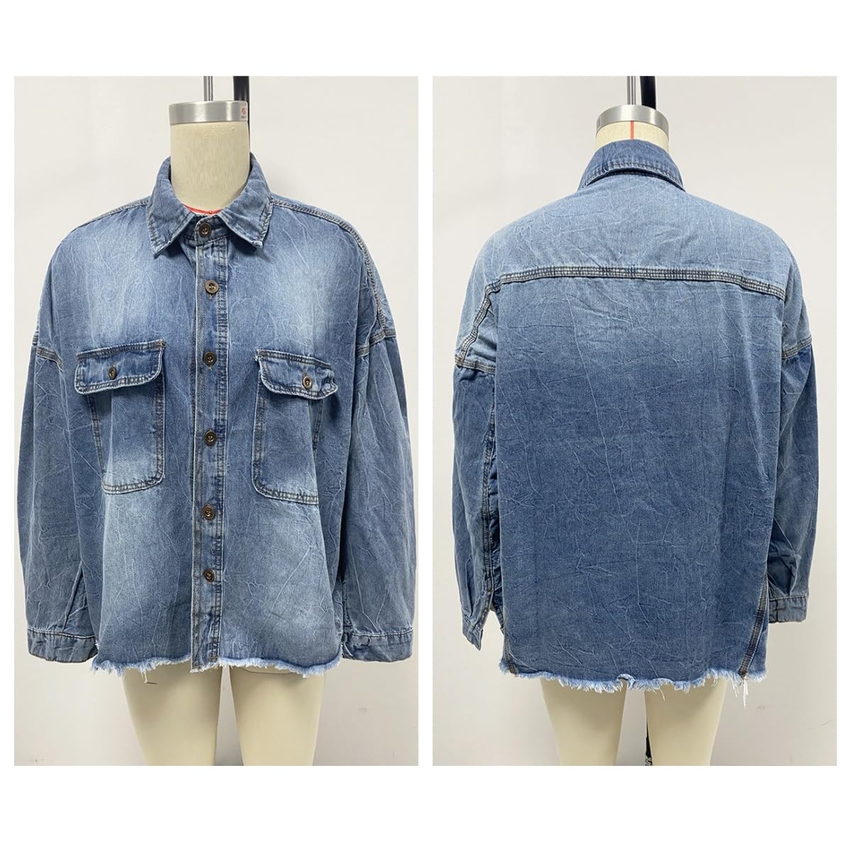 Camisa Mujer Camisa Vaquera Azul De Mujer Blusas De Cuello Extragrande Camisas Vaqueras Lavadas Casuales De Manga Larga con Botones Chaqueta Vaquera con Dobladillo Deshilachado Estilo WES