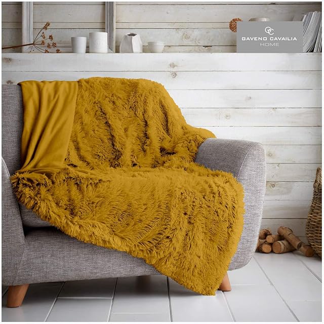Lions HUG & SNUG Fluffy Fur Throw Blanket Large Sofa Bed Warm Cosy Fleece Throws, Super Soft, Double Size 150 x 200 cm (Ochre)