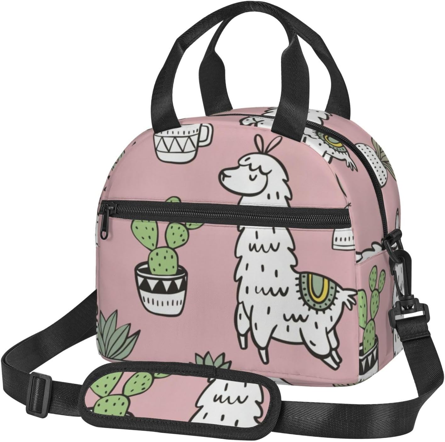 Alpaca and Cactus Print Reusable Lunch Bag Insulated Lunch Boxes for Office Work Picnic Tote Bag Adjustable