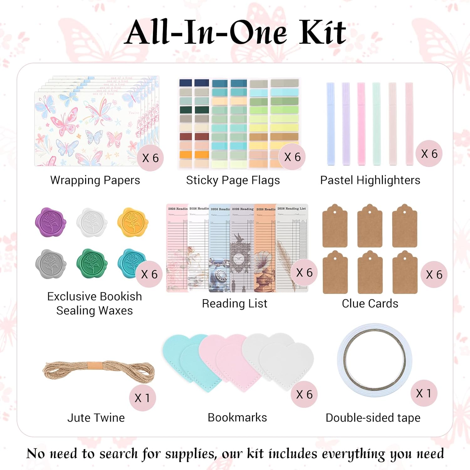 Blind Date with a Book Wrapping Kit (6 Sets, NO BOOKS) - Vintage Printed Kraft Paper, Highlighters, Muted Sticky Tabs, Leather Bookmarks, Wax Seals - DIY Mystery Packaging for Bookish Gifts