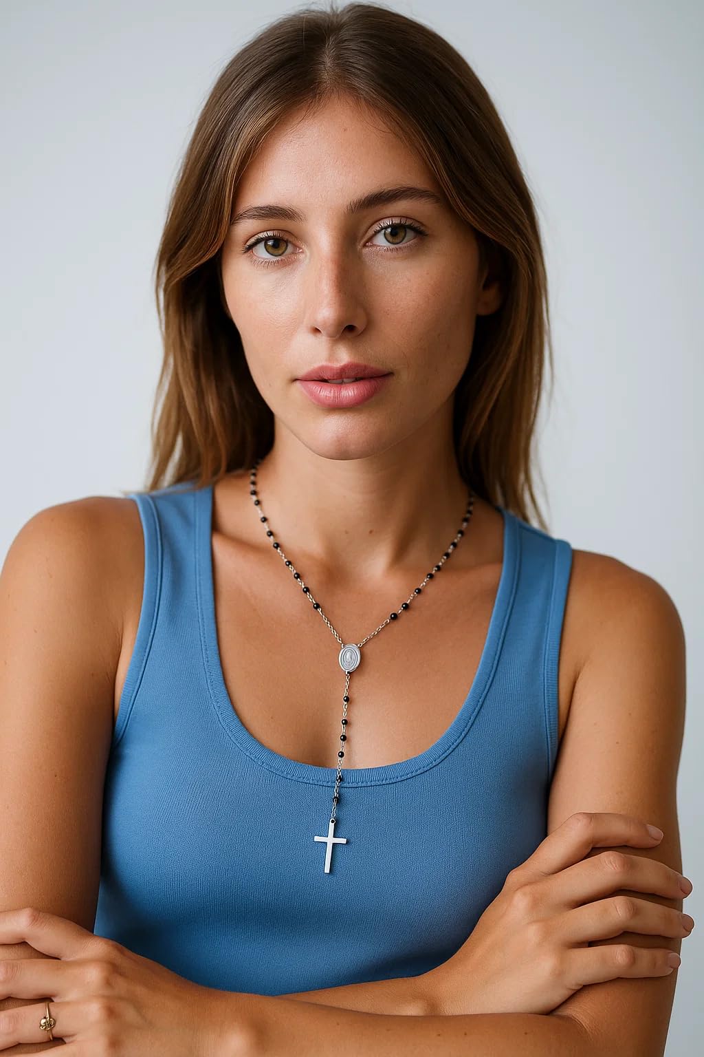 Dada Gioielli - Collana Rosario Uomo Donna Sfere Acciaio Argentato e Nero. Rosario moderno con medaglietta Madonna Miracolosa e croce