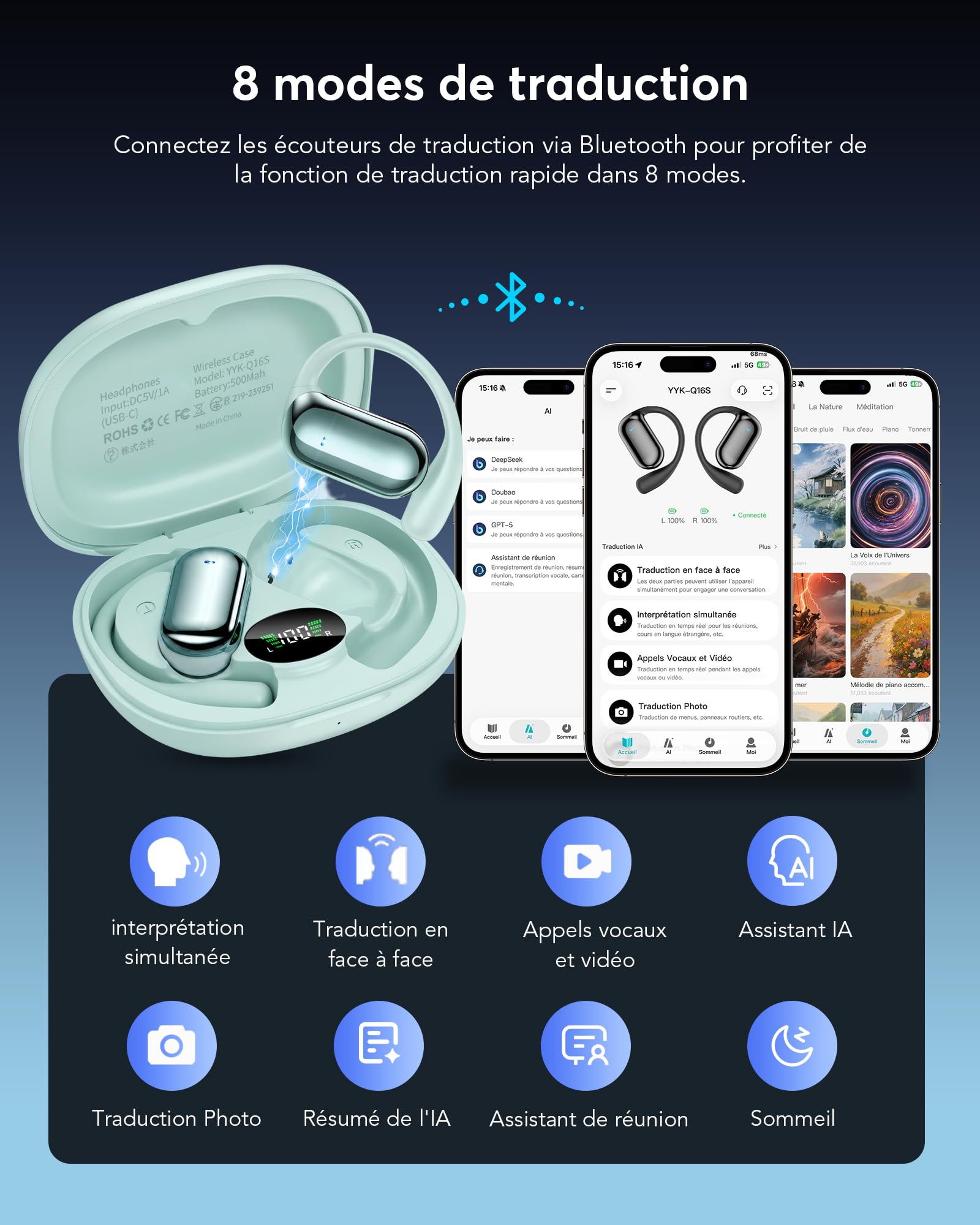Écouteurs Traducteur Vocal AI Instantané Bluetooth 6.1, 198 Langues Fonction 3 en 1 Autonomie 80 Heures Affaires et Études