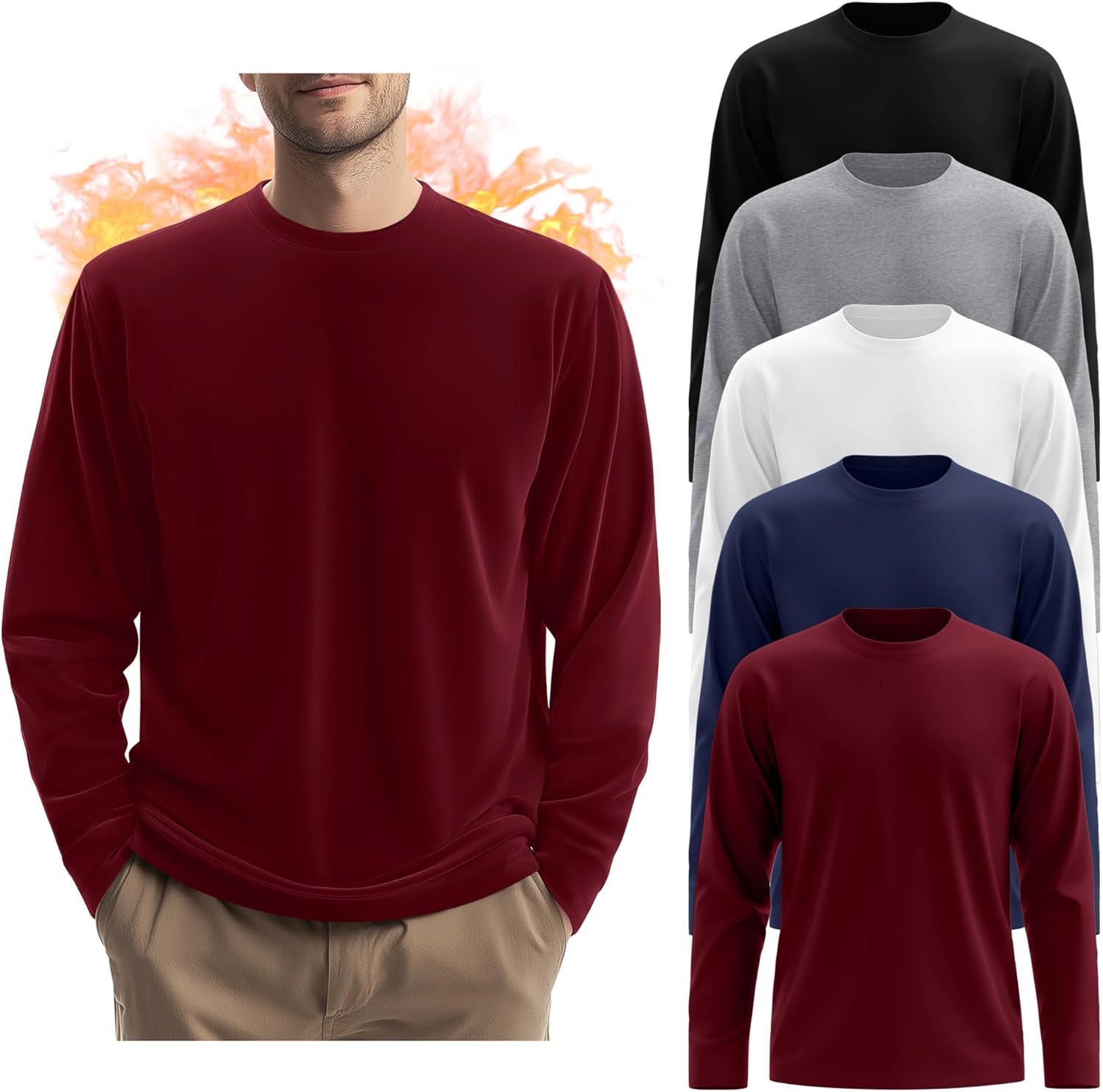 Evervibe 5 Pack Mens Big and Tall Thermal Shirts Fleece Lined Long Sleeve Loose Fit Tops Plus Size Undershirt Multipack