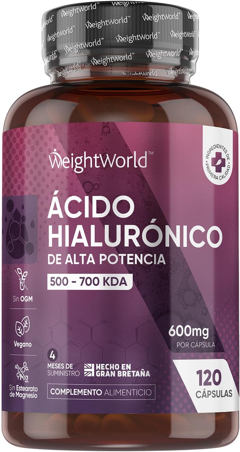 Ácido Hialurónico 600mg por Porción - 120 Cápsulas Veganas de 500-700 KDA - Ingredientes de Origen Natural, Sin OGM, Sin Químicos, Sin Gluten y Sin Lactosa para 4 Meses de Suministro