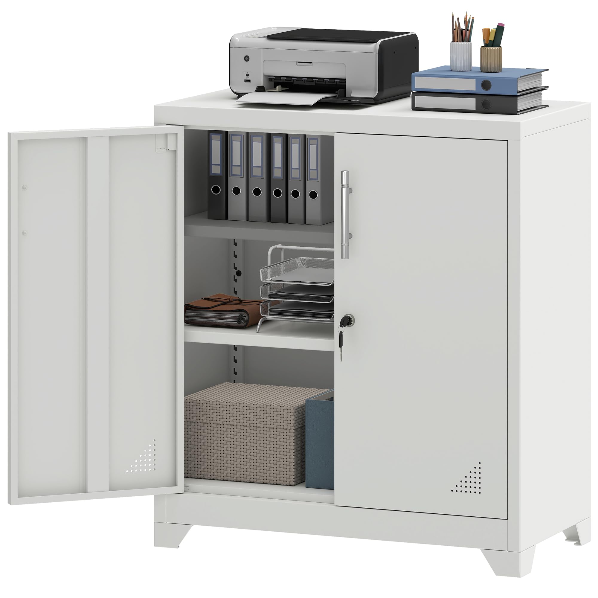 YITAHOME Armadio Ufficio, Armadio Metallo con 2 Ripiani Regolabili, Schedario Armadi da Ufficio con Fori di Ventilazione per Garage Ufficio Studio, Archivio di Archiviazione Bianco, 80 x 40 x 90cm