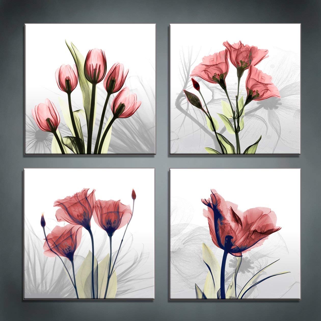 Moyedecor Art - 4 Panel Elegant Tulip Flower Canvas Print Wall Art Painting For Living Room Decor And Modern Home Decorations (Four 12X12in, Red flower)