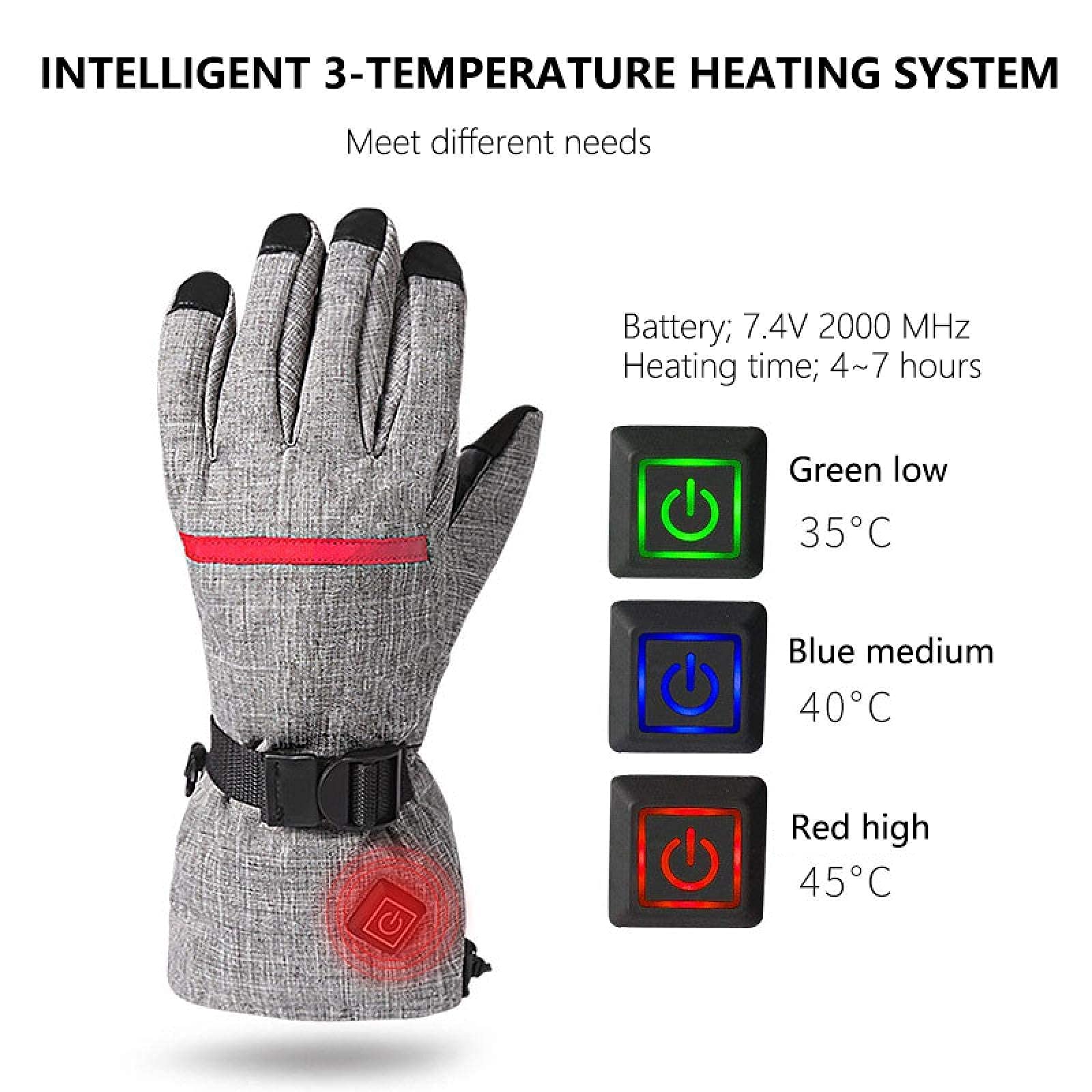Guantes Térmicos, Baterías Recargables Guantes Térmicos para Hombres Mujeres, 3 Niveles de Calentamiento, Guantes Impermeables y Cortavientos, Ciclismo Motocicleta Senderismo Esquí