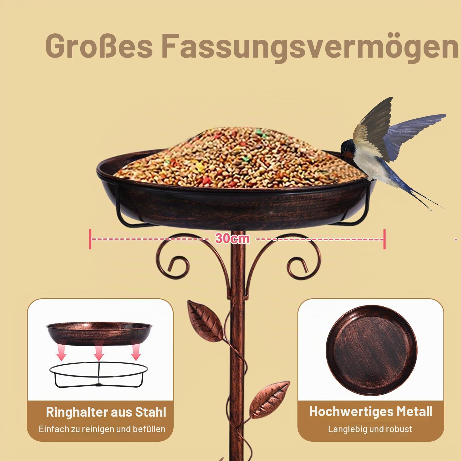 Vogelbad für den Garten, Vogeltränke Stehend, 39In Metall Vintage Freistehendes Vogelbad mit Stabiler 5-Zinken-Basis, Vogeltränke Groß Frostsicher Winterfest, Verbesserte Version