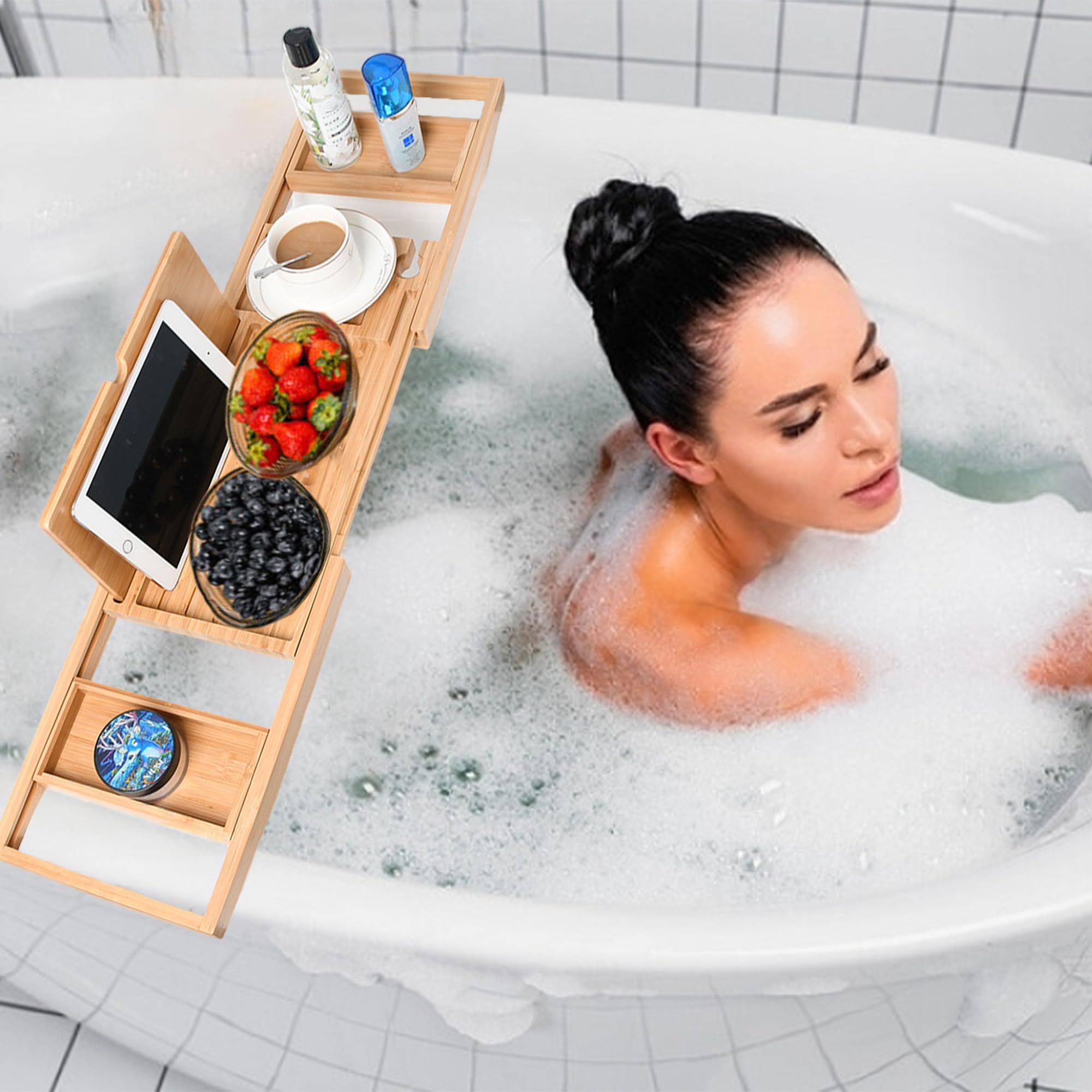 Bandejas de Baño, Bandeja para Bañera Extensible, Bandeja de Bambú para Bañera, Bandeja de Bañera de Madera con Ranura para Copas de Vino, Rejilla para Tableta y Bandeja de Bambú Extraíble