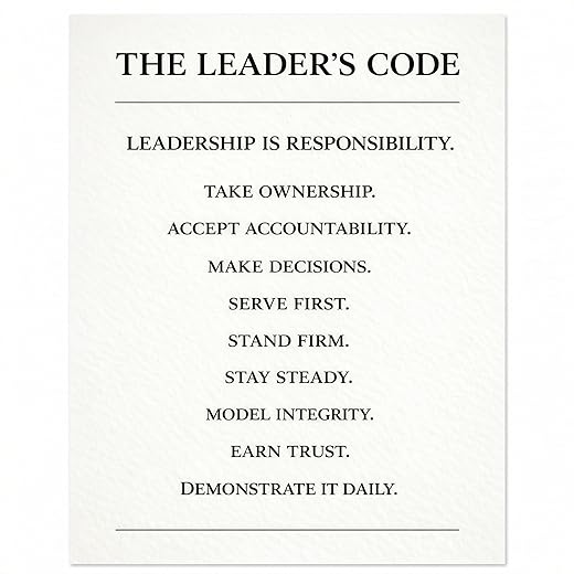 The Leader's Code Motivational Office Wall Art - 11x14 Leadership Poster for Work - Executive Decor for Men, Management Office Decorations - Teamwork Wall Art & Manager Gifts - Unframed Success Sign