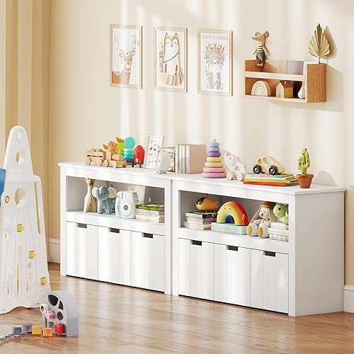 Miniatura 9 de Costzon Organizador de almacenamiento de juguetes con cajones, estante de madera para juguetes con 3 cajones extraíbles, ruedas giratorias y estante