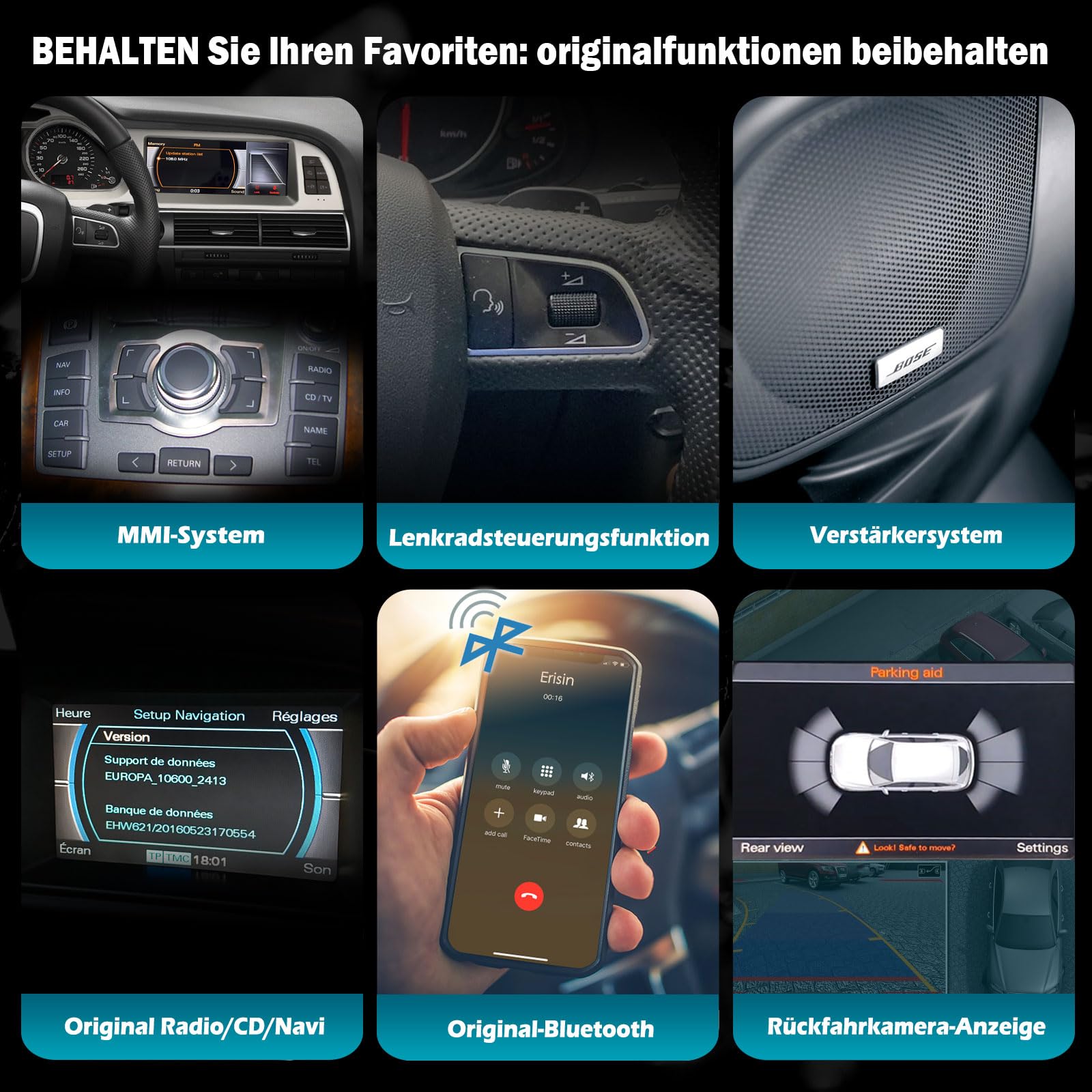 Erisin 8,9 Zoll 8-Kern 4GB+64GB Android 16 Autoradio 1Din GPS Navigation für Audi A6 2005-2008 MMI-2G-HIGH-System Unterstützt CarPlay Android Auto Bluetooth 5.1 WiFi DAB+ Canbus DVR USB DSP-Verstärker