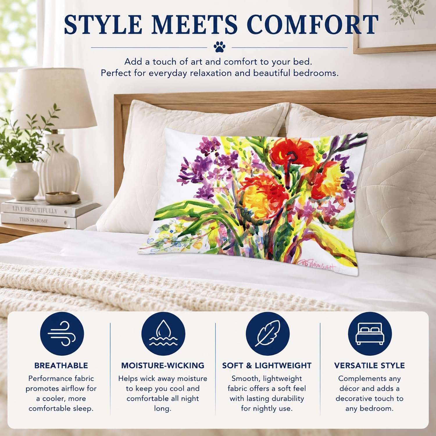 Caroline's Treasures 6042PILLOWCASE Flower Fabric Standard Pillowcase Lightweight Super Soft Easy Care Decorative Artwork Pillowcase, Standard image 5