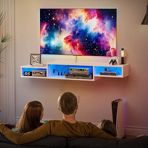 Miniatura 2 de FABATO Soporte de TV flotante de 59 pulgadas con toma de corriente de luz LED, estante flotante para soporte de pared debajo del televisor con