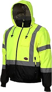 Pioneer Hi Vis Safety Bomber for Men - Waterproof, Reflective ANSI Class 3 Winter Rain Jacket with Detachable Hood
