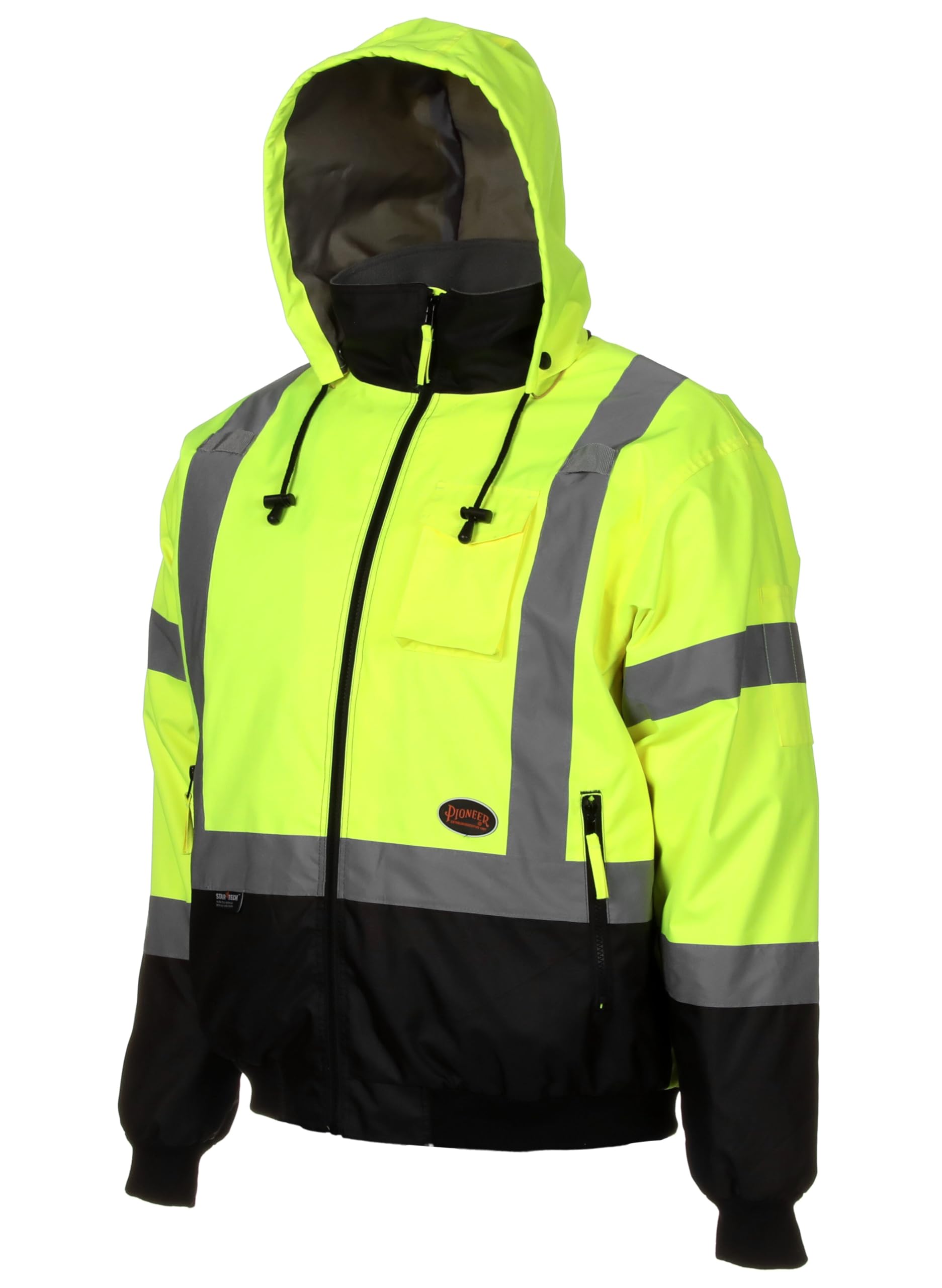 Pioneer Hi Vis Safety Bomber for Men - Waterproof, Reflective ANSI Class 3 Winter Rain Jacket with Detachable Hood