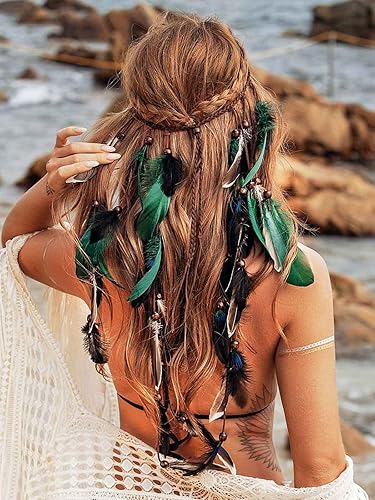 GORTIN Diadema de plumas bohemias, tocado gitano, diadema hippie bohemia, diadema india, banda para el cabello ajustable, accesorios de plumas