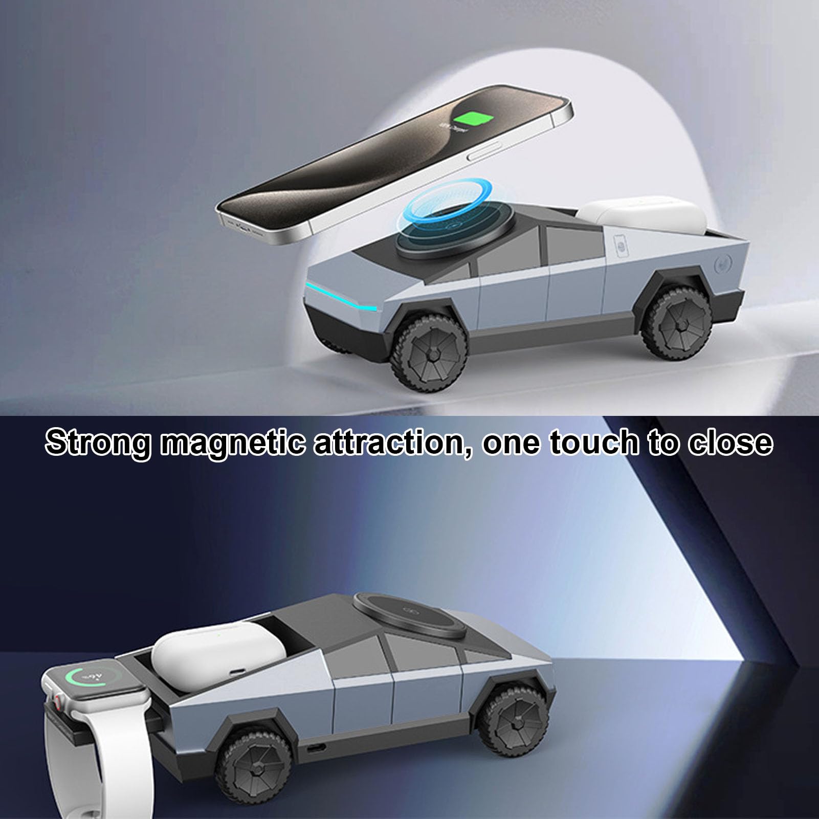 XUMIUZIY Stazione di Ricarica Wireless 3 in 1, Caricabatterie Rotante per Modello di Auto in Scala 1:25 con Luce Ambientale per Auricolari per Orologio da Telefono (GRAY)