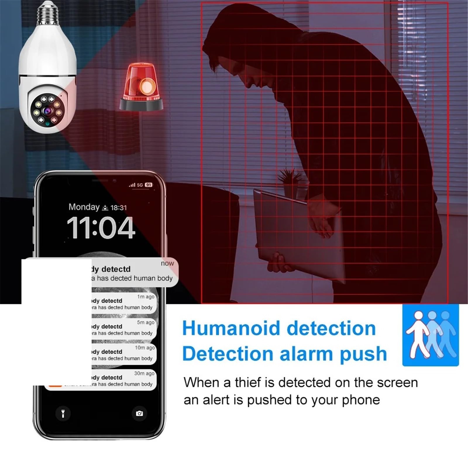 Caméra Ampoule HD E27 Couleur Vision Nocturne WiFi caméra intérieure Alarme vocale Audio bidirectionnel AI Suivi de Mouvement IP,Tranquillité d'esprit Toujours(Cam Add 128G Card)