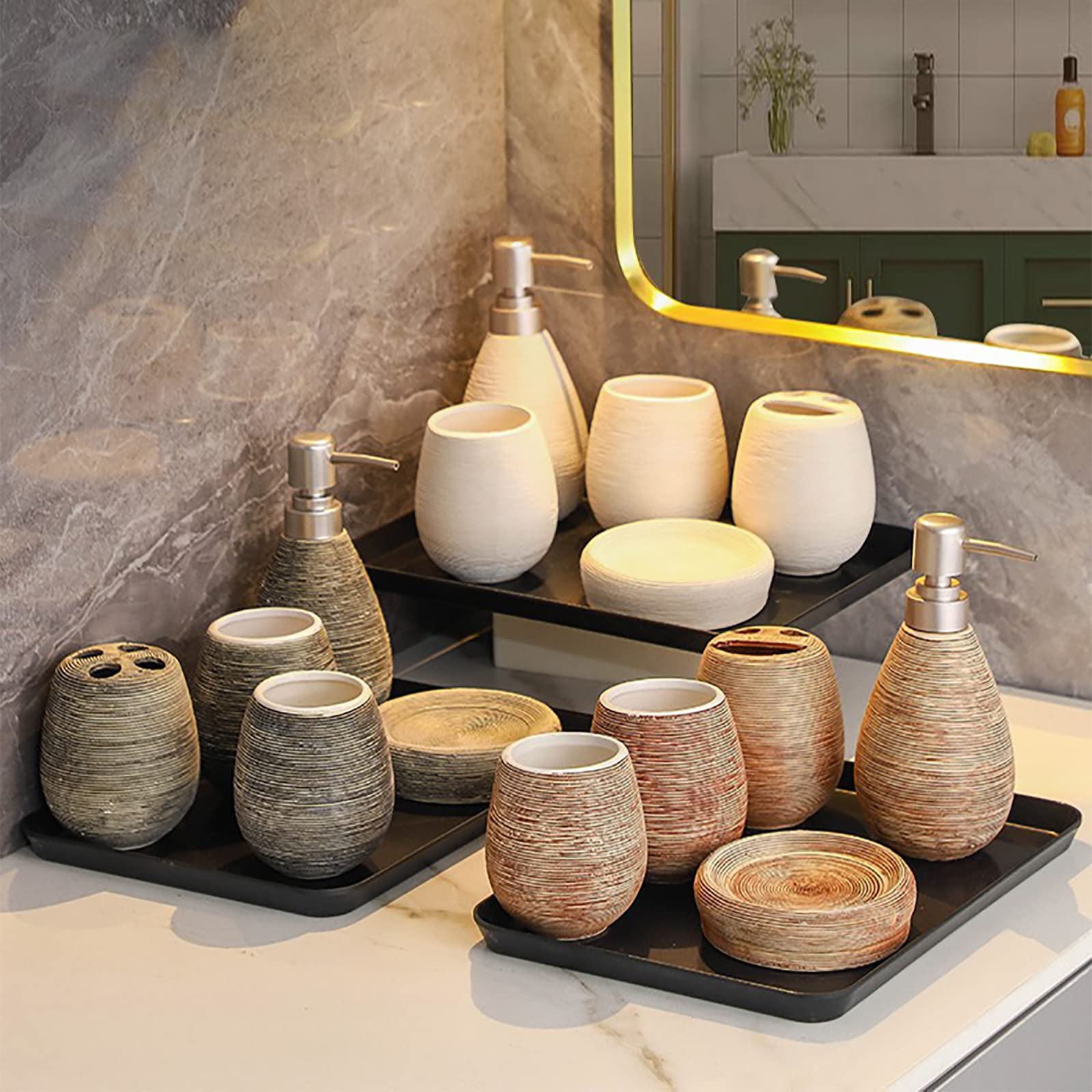 Juegos de Accesorios de baño, Acesorios Cuartos de Baño 5 Piezas con Dispensador Jabon Baño, Jabonera Baño, Porta Cepillo de Dientes, para Champú Gel de Ducha Cerámica Gris