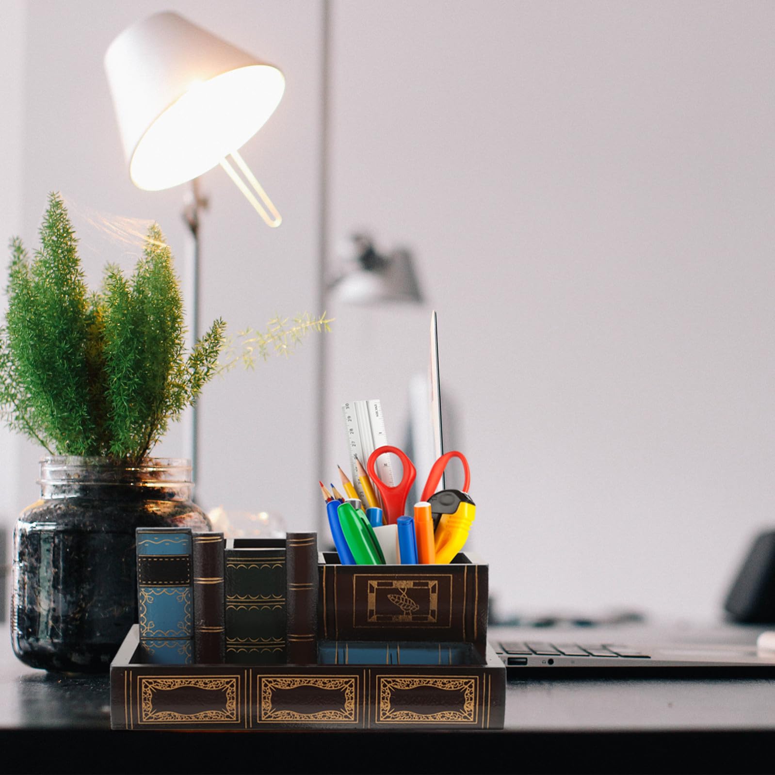Portapenne Organizer da Scrivania in Pannello di Densità a Forma di Libro Design Creativo e Resistente Struttura Robusta per Decorazioni Scuola per Casa e Studio