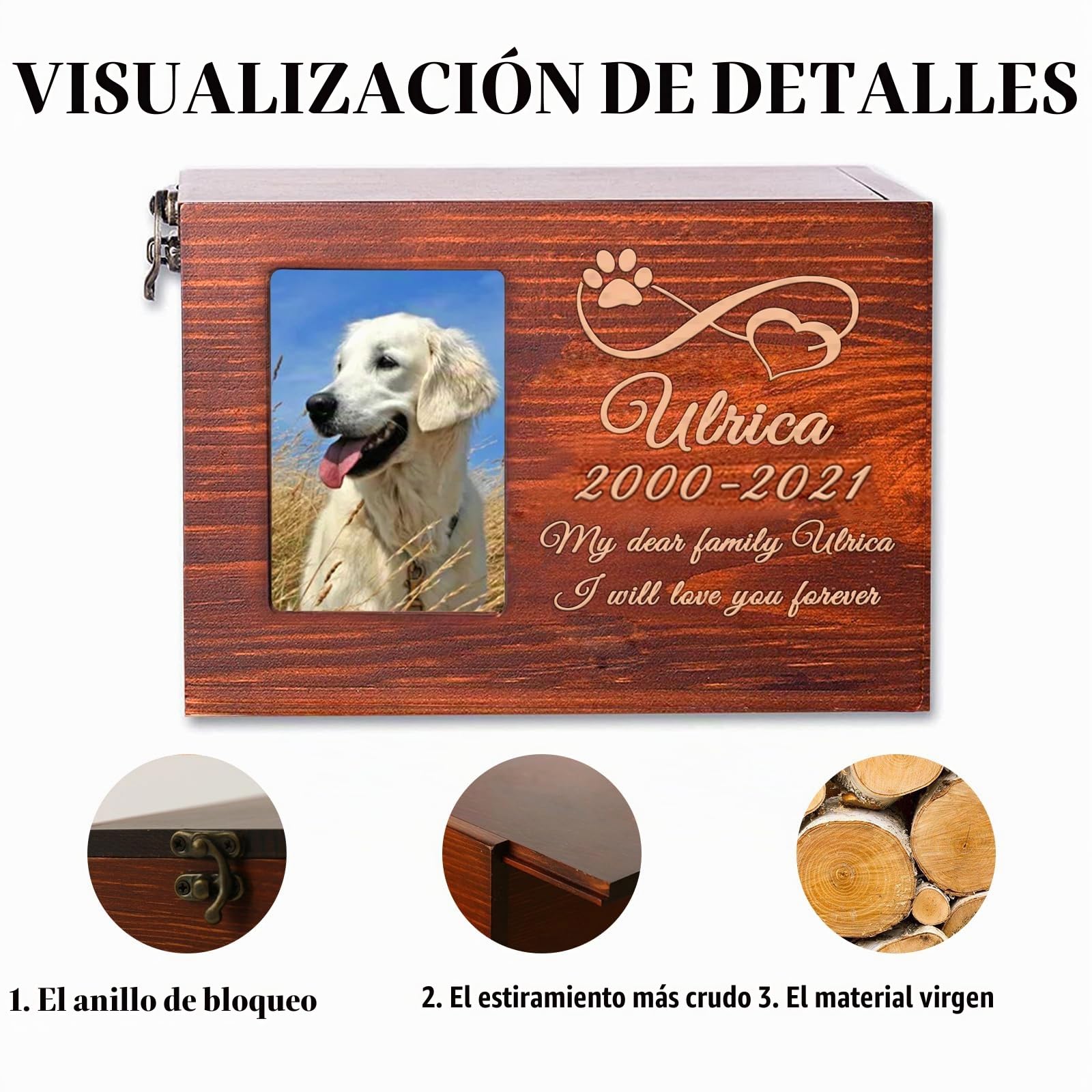 Urna Cenizas Perro Personalizadas, Para con Grabado Nombre, Fecha y Texto, con Ranura para Fotos, Caja de Madera de Recuerdo de Urna para Mascotas Personalizada para Perro, Gato (Escultura)