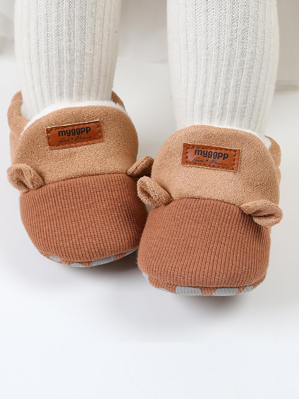 Baby Boys Girls Soft Plush Slippers, Brown, 11CM | Cartoon, Toddler Infant, Warm Winter House, Ribbed Shoes