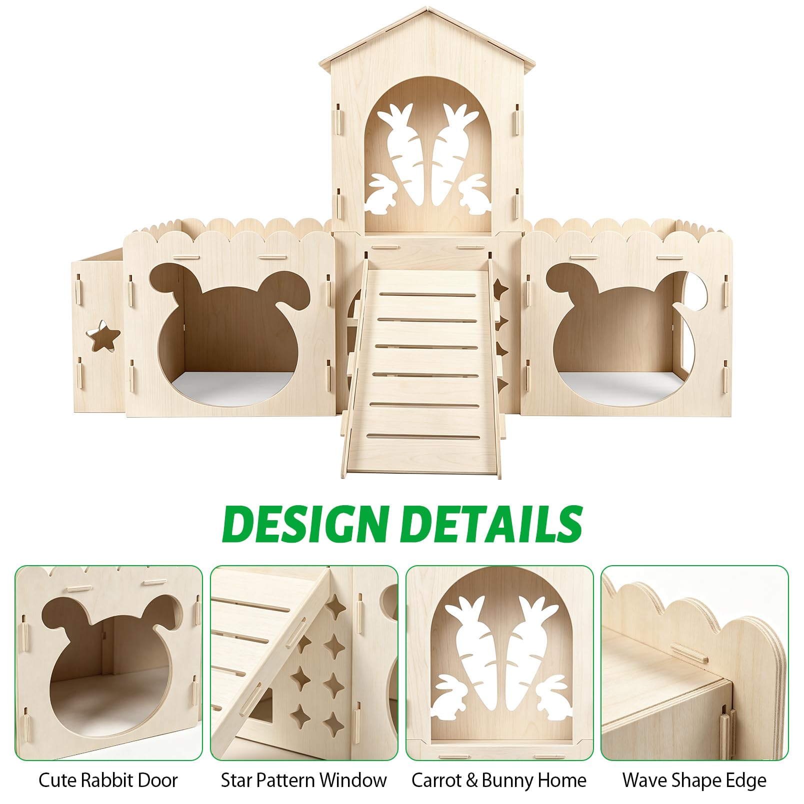 Maison château pour Lapins avec Rampe, Abri en Bois pour Lapins, Ventilée | Convient aux lapins, furets, cochons d'Inde et hamsters, Maisonnette d'intérieur amovible pour lapins