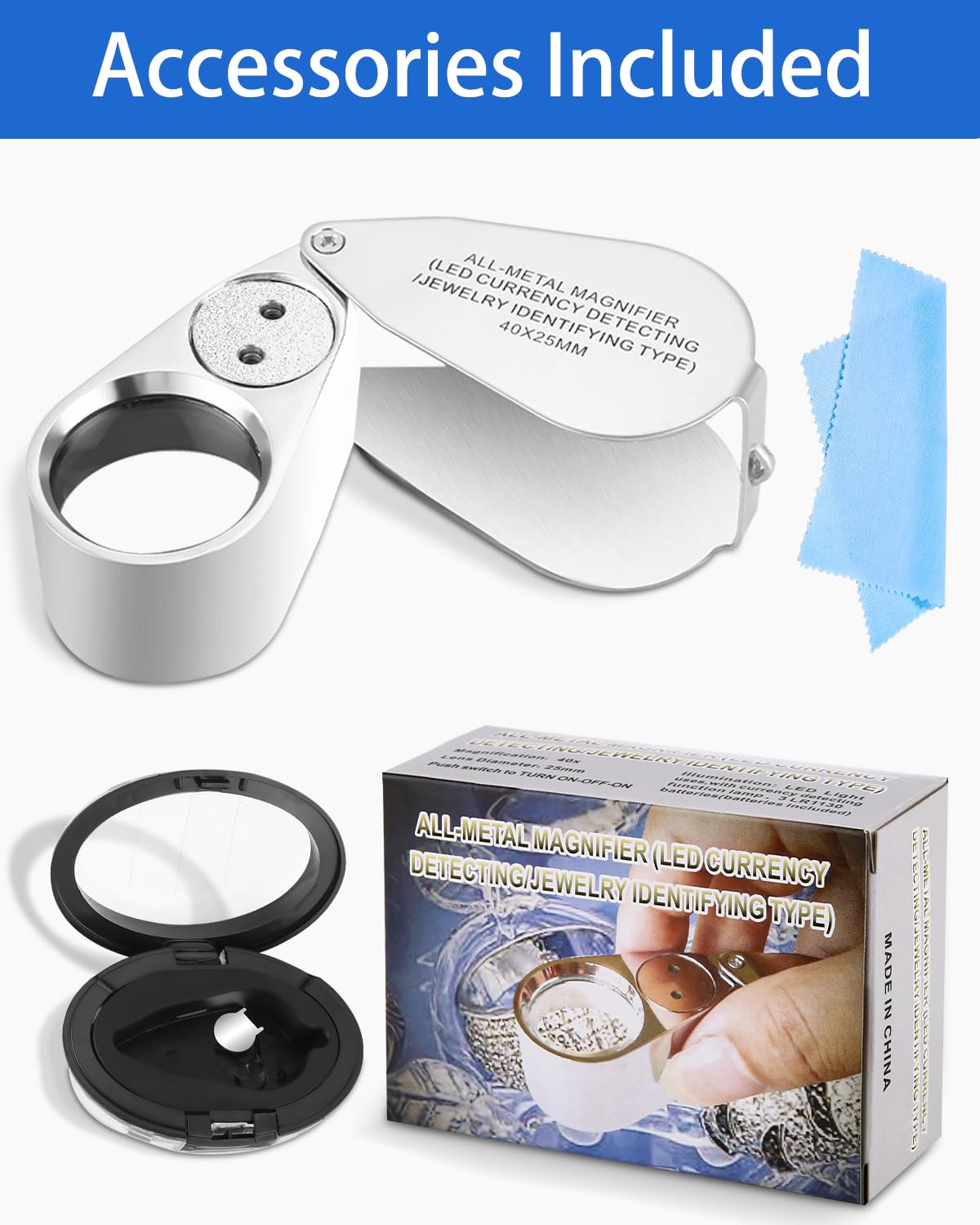 Lupa jubilerska LED, powiększenie, 40x, lupa jubilerska do kamieni szlachetnych ze światłem UV, składana lupa, metalowa, składana, do biżuterii, monet, zegarków, banknotów, znaczków pocztowych