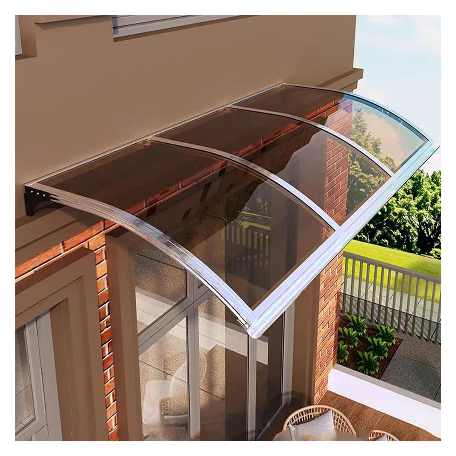 Auvent d'extérieur incurvé haut de gamme en aluminium et polycarbonate pour entrée résidentielle